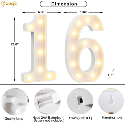 Pooqla 16th Birthday Decorations for Girls Boys, Large 12.6 in Tall Light Up Numbers for Sweet 16 Party Decorations Table Decor, Big Marquee Numbers 16th Birthday Gift for Girls Anniversary Decor - Image 4