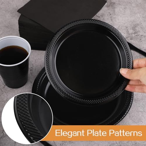 Aodaer 400 Pieces Black Party Supplies Disposable Dinnerware Set Include Plastic Plates Cups Knives Forks Spoons Paper Napkins for Birthday Wedding Graduation Parties, Serve 50 Guests - Image 4