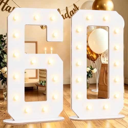 Pooqla 60th Birthday Decorations, 17.3 in White Wooden Light Up Numbers by Pooqla
