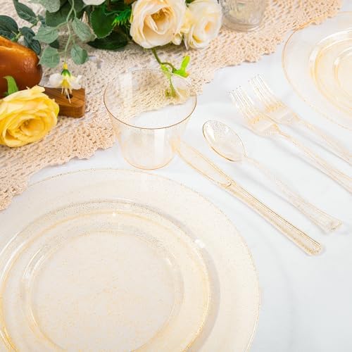 WELLIFE 600 PCS Gold Glitter Disposable Dinnerware Set for 100 Guests, Plastic Plates for Party, Including 100 Dinner Plates, 100 Salad Plates,Cups,Silverware Set for Wedding and Party Supplies - Image 3