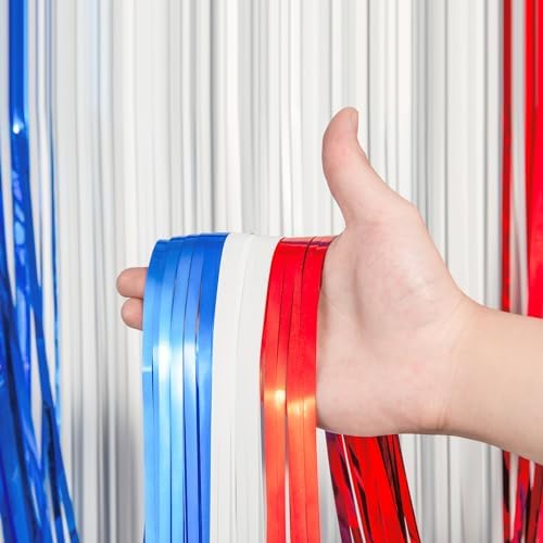 Voircoloria Red White Blue Foil Fringe Backdrop Curtains,3.3x8.2ft, 3 Pack - Image 2