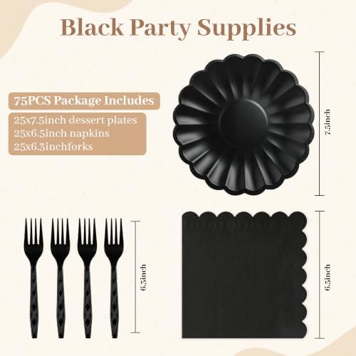 75 Pcs Black Paper Plates and Napkins, Tableware Set Serve 25 Guests - Image 2