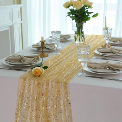3Pcs Champagne Gold Table Runner Sparkling Metallic Foil Sheer Gauze 10ft - Image 4