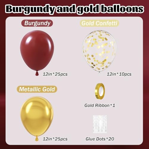 60pcs 12inch Burgundy and Gold Balloons with Gold Confetti Balloons - Image 2