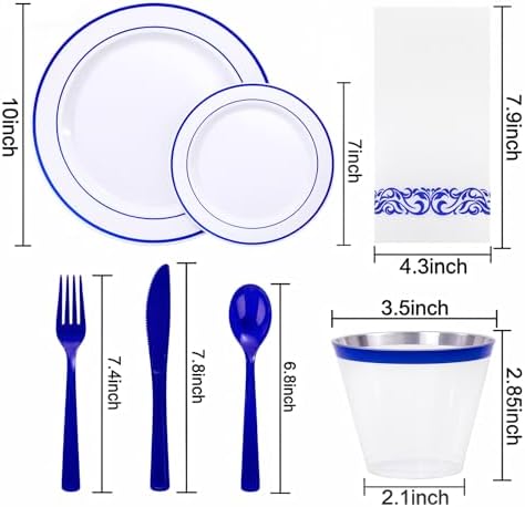 WELLIFE 700 Pcs Blue Plastic Plates for 100 Guests - Plastic Dinnerware Set,Party Supplies Includes 200 Blue Plates,300 Disposable Silverware,100 Napkins,100 Cups - Image 2