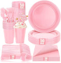 Pink Plastic Party Plates Set, Disposable Light Pink Plates and Napkins for Party, 50 of Each 9" Dinner Plate, Napkins, Cups & Cutlery Plastic Party Supplies for Birthday, Baby Shower, Wedding by UseOnceDoneRight
