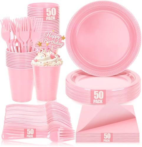 Pink Plastic Party Plates Set, Disposable Light Pink Plates and Napkins for Party, 50 of Each 9" Dinner Plate, Napkins, Cups & Cutlery Plastic Party Supplies for Birthday, Baby Shower, Wedding by UseOnceDoneRight