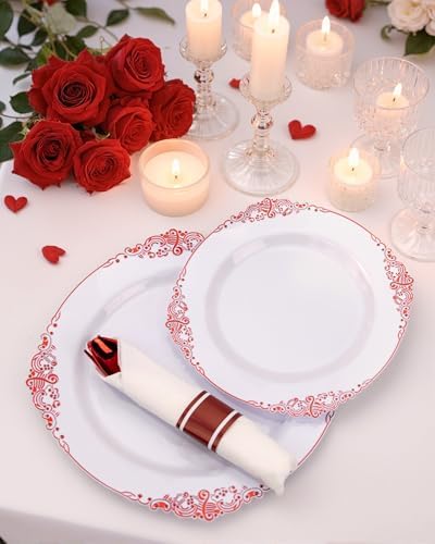 Nervure 350Pcs Red Plastic Plates, Plastic Dinnerware Set for 50 Guests - Image 2