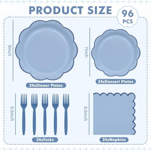 96 Pcs Blue Scalloped Paper Plates and Napkins Set Serve for 24 Guests - Image 2