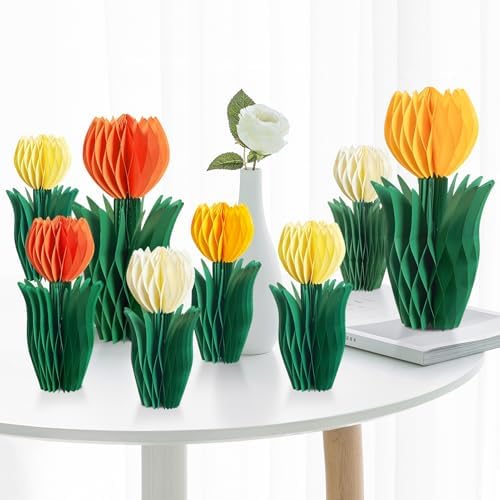 SUNBEAUTY 8PCS Flower Honeycomb Decoration Spring Decorations for Office Spring Table Decor Tulip Honeycomb Flower Mother's Day Decoration Orange Tulip Decor Spring Decor Tulips Table Centerpieces by SUNBEAUTY