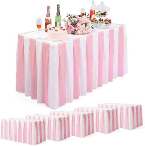Remagr 6 Pack Pink Carnival Table Skirt Party Decorations Pink and White Striped Table Skirts Disposable Carnival Decorations for Circus Party Decor Wedding Baby Shower Supplies, 29" x 14 ft by Remagr
