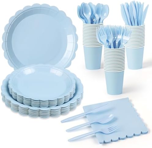 175 Pcs Light Blue Paper Plates and Napkins Disposable Tableware, Serve 25 by LisonTops