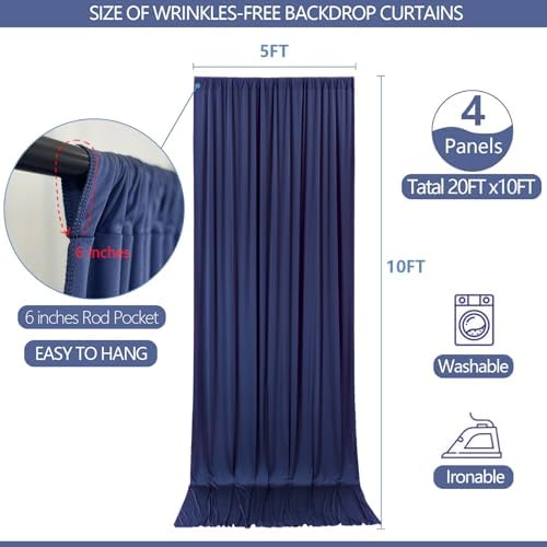 ESGOTBME 20x10ft Wrinkle Free Navy Blue Backdrop Curtain for Parties Soft Fabric Drapes Wedding Curtain Backdrop for Birthday Party Decorations Background for Photography 5x10ft, 4 Panels - Image 4