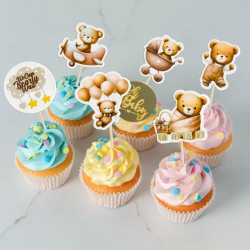 Gyufise 36Pcs Bear Cupcake Toppers Bear Cupcake Picks Baby Carriage Bottle Balloon We can Bearly Wait Cake Decorations for Baby Shower Gender Reveal Kids Birthday Party Supplies Coffee - Image 4