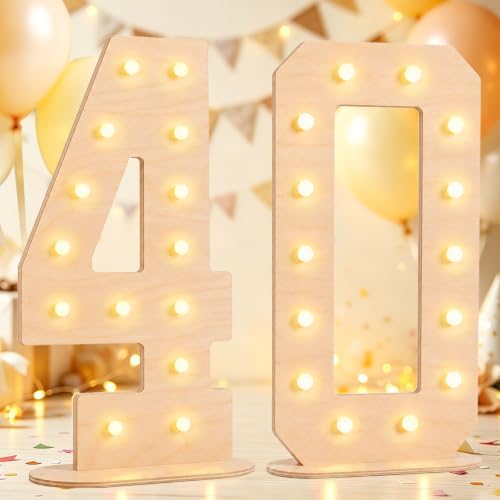 Pooqla 40th Birthday Decorations, 17.3 in Tall Wooden Light Up Numbers by Pooqla
