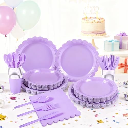 176 PCS Purple Party Decorations - Light Purple Scalloped Plates, Napkins, Cups, Cutlery, Tablecloth for Baby Shower, Wedding, Lavender Birthday Decorations, Serves 25 - Image 4