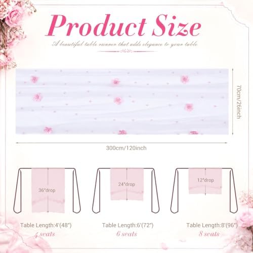 3 Pcs Flower Pearl Tulle Table Runner 10ft White for Wedding - Image 3
