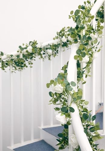 Anna's Whimsy 5.91FT Artificial Eucalyptus Garland with Flowers, Fake Flower Rose Gypsophila, Faux Floral Greenery Garland for Wedding Spring Home Party Craft Art Table Runner Decor - Image 7