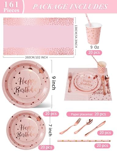 Nkaiso 161 Pcs Pink and Rosegold Birthday Plates and Napkins Set -20 Serves - Image 3