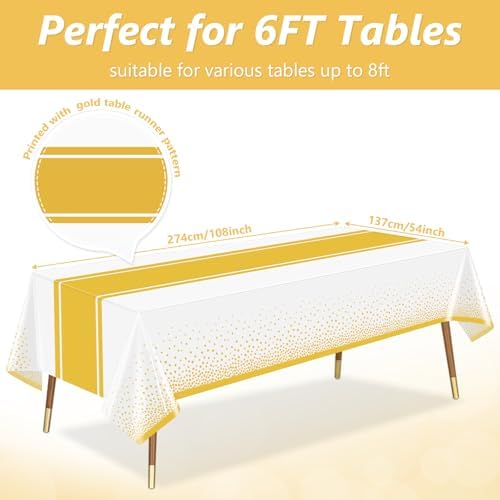 LANLISA White and Gold Tablecloth Party Decorations 6 Pack, Disposable Plastic Table Cloths for Baptism First Communion Birthday Wedding Baby Bridal Shower Party Decor - Image 3