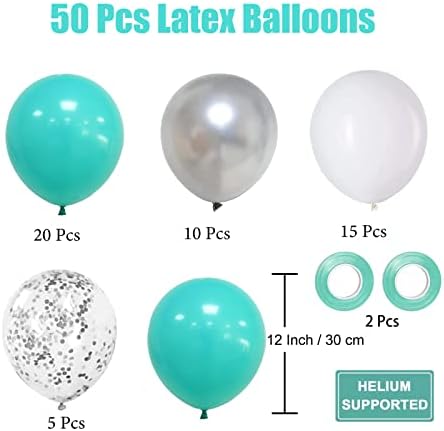 Teal Blue Silver Balloons, 50Pcs 12Inch Teal and Silver Balloons Turquoise Blue White Silver Confetti Latex Balloons for Birthday Baby Shower Party Decorations - Image 2