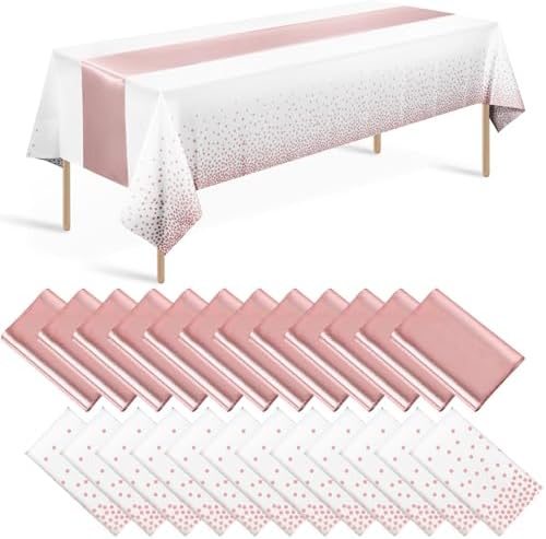 24 Pack Rose Gold Tablecloth and Table Runner Set Party Decorations, White and Rose Gold Plastic Disposable Tablecloth and Satin Table Runner for Wedding Birthday Bridal Graduation Anniversary Party by Zachely