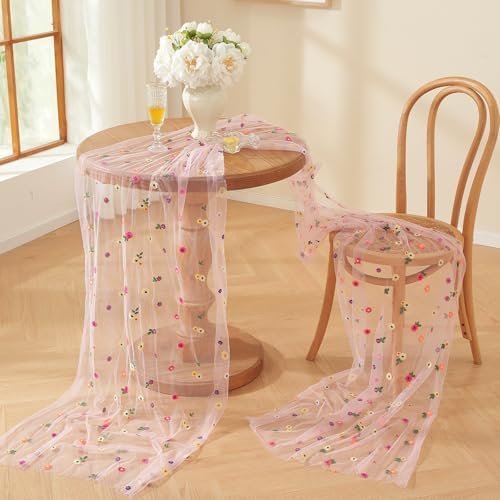 Pink Embroidery Daisy Fall Table Runner 10ft Florals Seasonal Tulle Table Runner Holiday Kitchen Dining Table Decoration for Home Party Indoor - Image 2