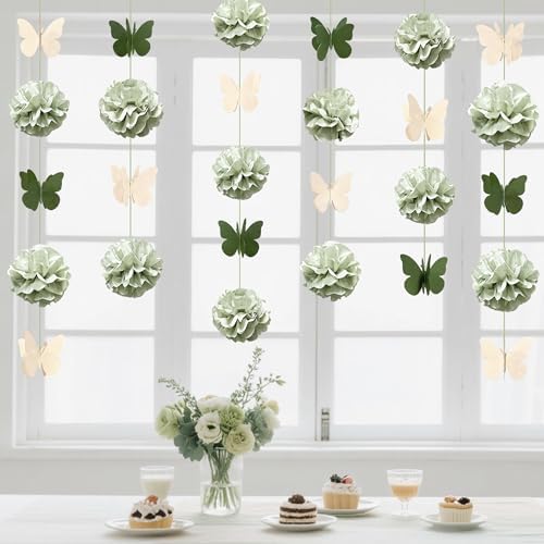 Sage Green Party Decorations Tissue Flowers Pom Pom Olive Green Beige 3D Butterfly Hanging Paper Garland Streamer Banner for Spring Themed Birthday Wedding Shower Tea Party Home Decor Supplies - Image 7