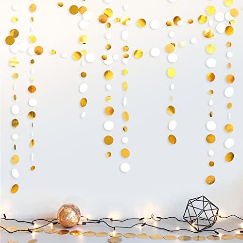 46 Feet White and Gold Circle Dots Garland Hanging Paper Polka Dots Streamer for Birthday Bachelorette Engagement Anniversary Wedding Bridal Shower Christmas Holiday Party Decorations Supplies - Image 6
