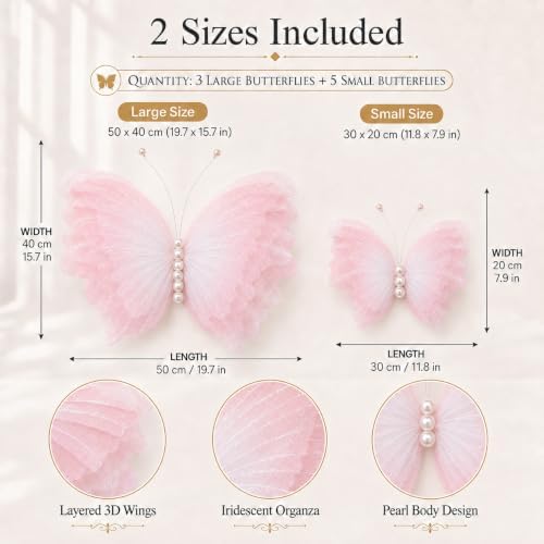 8 Pcs Large Butterfly Decorations, 3D Gradient Pink Silk Butterflies Wall Decor, 20 Inch Big and 12 Inch Small Hanging Butterflies for Birthday Party, Baby Shower, Wedding, Nursery and Centerpieces - Image 2