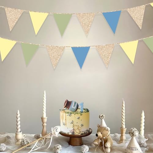Champagne Gold Dusty Blue Sage Green Yellow Pennant Banner Flag Olive Green Macaron Yellow Blue Hanging Glitter Paper Triangle Bunting for Birthday Wedding Shower Hen Party Decorations Supplies - Image 7