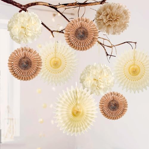SUNBEAUTY Brown Party Decorations Boho Wedding Party Decor Brown Beige Tissue Pom Poms Paper Fans Hanging Neutral Women Birthday Party Decorations Bridal Shower Baby Shower Rustic Engagement Decor - Image 4
