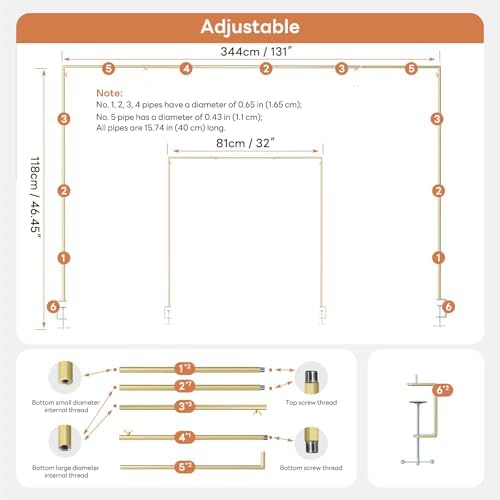 XLHOMO Over The Table Rod Stand with Clamps, Adjustable 32''-79'' Tall 32"-131" Length, Gold Table Arch Stand Metal Balloon Frame Hanging Rod for Weddings Christmas Birthdays Garden Arbors Decoration - Image 4