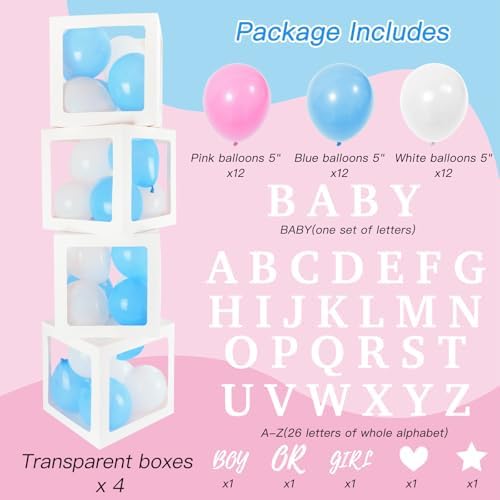 RUBFAC Baby Boxes with Letters and 36 Balloons, 4pcs Clear Balloon Boxes for Gender Reveal Baby Shower Decorations - Image 2