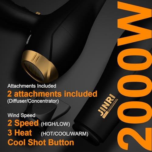 Hair Dryer - JINRI 2000W Diffuser Blow Dryer for Salon & Personal Use – Powerful, Fast Drying with Diffuser & Nozzle for Women & Men, ALCI Safety Plug, Black - Image 6