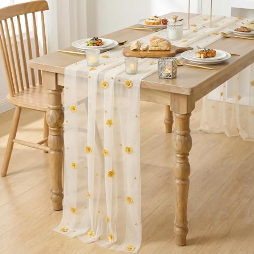 Artoid Mode Yellow Flower Pearl White Gauze Table Runner 10FT, Seasonal Sheer Dining Holiday Wedding Birthday Baby Shower Table Decor for Home Party - Image 4