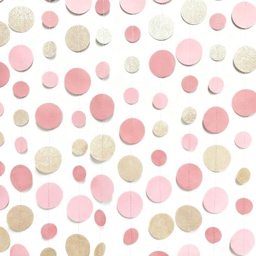 Champagne Gold Rose Pink Polka Dot Garland Champagne Dusty Pink Circle Dot Hanging Streamer Banner for Birthday Bridal Shower Wedding Engagement Retirement Boho Party Decorations Supplies - Image 4