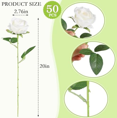 Hananona 50 Pcs Artificial Roses, Realistic Silk Flowers Bulk, White - Image 2