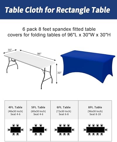 Fixwal 6 Pack 8FT Royal Blue Tablecloth Rectangle Spandex Table Cover - Image 3