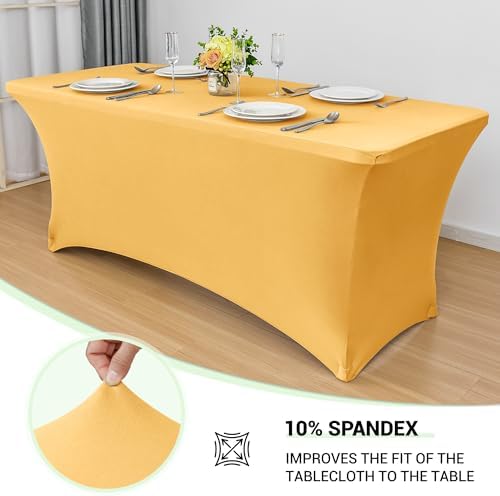 Obstal 8ft Stretch Spandex Table Cover for Folding Tables, 2 Pack, Gold - Image 2