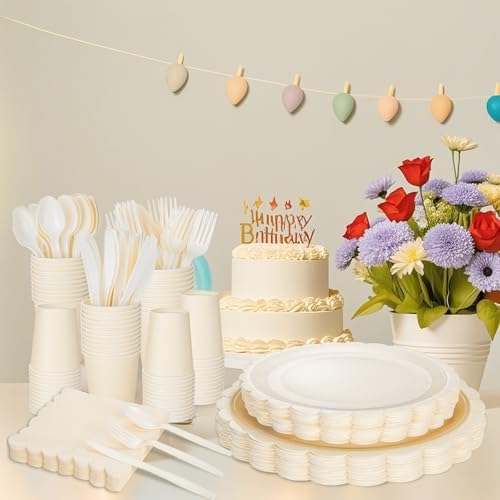 LIYH 350 Pcs Ivory Paper Plates and Napkins 50 Guest Cream Party Supplies Include Ivory Scalloped Disposable Paper Plates Cocktail Napkins Cups Spoons Forks Knives for Baby Shower,Birthday - Image 5