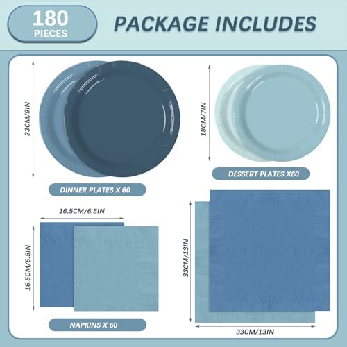 180Pcs Blue Paper Plates Party Supplies Paper Plates and Napkins Serve 60 - Image 2