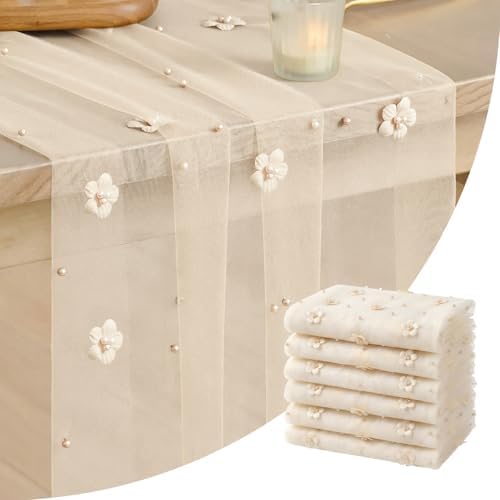 Artoid Mode Flower Pearl Champagne Gauze Table Runner 10FT 6PC, Seasonal Sheer Dining Holiday Wedding Birthday Baby Shower Table Decor for Home Party by ArtoidMode