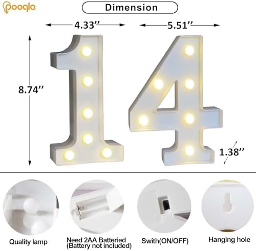 Pooqla Decorative Led Light Up Number Letters, White Plastic Marquee Number Lights Sign for 14th Birthday Party Wedding Decor Battery Operated Number (14) - Image 4