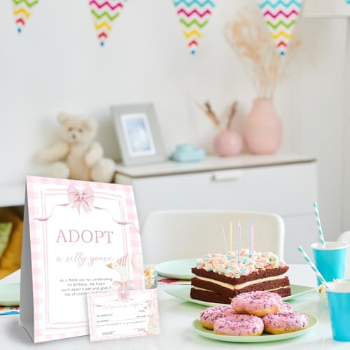 One Silly Goose Birthday Decor,Adopt a Goose Party Favor,Pink First Birthday Party Games & Activities 50 Cards and Sign for One Year Old Girls Newborn Baby Shower First Bday Party Supplies - Image 4