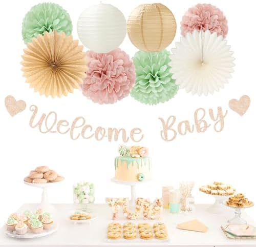 Sage-Green Pink-Beige Baby-Shower Party-Decorations - 36pcs Welcome Home Banner Sign,Girl Paper Lanterns,Neutral Streamers Garland,Boho Tissue Pom Poms Flowers Fans Backdrop Decor Burgleda - Image 4