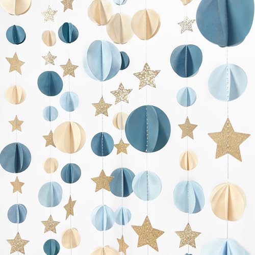 Dusty Blue Champagne Gold Beige 3D Polka Dot Star Hanging Streamer Circle Dot Star Garland Banner for Birthday Bridal Shower Wedding Engagement Nautical Party Decorations Supplies - Image 4