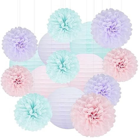 Blue Pink Purple Party Decorations - 15Pcs Tissue Pom Poms Paper Flowers Paper Lanterns Mermaid Birthday Party Baby Shower Lavender Wedding Hanging Decor by HongTongTong