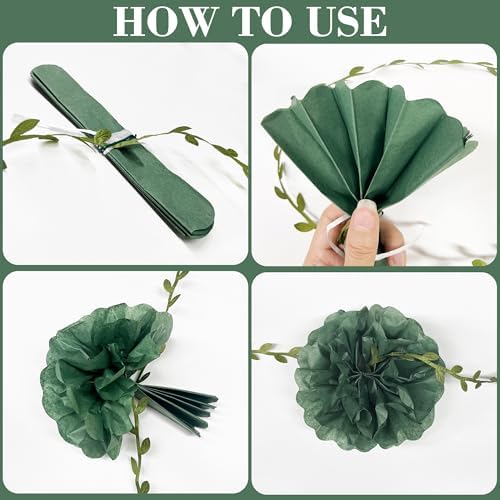 Sage Green Beige Party Decorations Tissue Paper Flowers Pom Pom with Leaf Ribbon Hanging Garland Streamer for Neutral Birthday Wedding Bachelorette Safari Jungle Woodland Party Supplies - Image 3