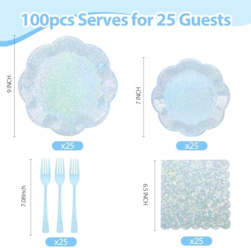 100pcs Blue Paper Plates and Napkins Party Supplies,Iridescent Disposable 9inch Plates,7inch Dessert Plates and Napkins and Forks,Holographic Tableware for Birthday Baby Shower,Serves 25 - Image 3